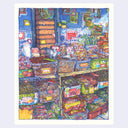 Highly detailed blue ink and watercolor illustration of a shop stall at an open air food market. The stall has rows of tubs holding a variety of foods - different kinds of nuts, bagged snacks and foods, etc. A pigeon stands atop on of the tubs and a small yellow cat looks up at it from the lower left corner.