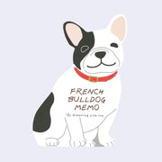 Die cut memo pad of a cartoon French Bulldog, white with black spots and a red collar.