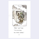 A printed illustration page showing a small illustrated frog character standing in a snowy doorway, with text below reading, “Blah, said Toad. “I do not have any winter clothes.
