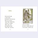 A two-page spread of a children's book with a story titled 'Spring' showing text and an illustrated scene of a frog standing outside a small house.