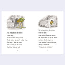 A two-page spread from a children's book showing illustrated scenes and printed text. The left page has a frog standing in a dark house, and the right page shows a toad in bed with the blankets over them.