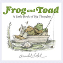 Book cover for 'Frog and Toad: A Little Book of Big Thoughts' by Arnold Lobel, featuring a watercolor-style illustration of two frogs sitting in a small boat on a pond, with one frog reading and the other holding a fishing rod.