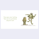 Open 2 page book spread featuring an illustration of two frogs on a white background with a green text quote on the left. The print is centered on a light lavender-gray background.