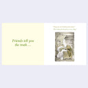 A children's book page spread shown on a pale lavender background. The left page has green text reading 'Friends tell you the truth.