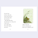 A two-page spread from a children's book showing printed text on the left and a watercolor-style illustration on the right of a frog sitting on a Toad's back while blowing a list into the wind.