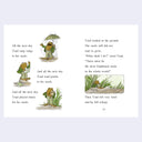 A printed book with illustrated text about a toad and seeds, featuring four small frog illustrations and a larger inset scene on a white page.
