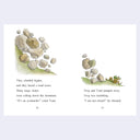 Two illustrated book pages showing a watercolor-style scene of rocks and a small frog, with printed text and page numbers 46 and 47 on a white page against a pale lavender background.