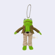 Plush frog keychain with a jacket and pants on a white background