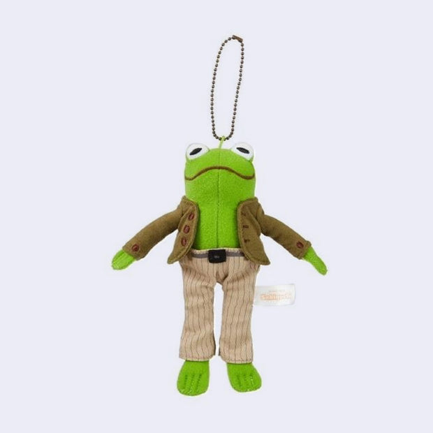Plush frog keychain with a jacket and pants on a white background