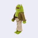 Plush doll of Frog from Frog and Toad, wearing detailed clothing such as a jacket with bead buttons, striped pants and a pleather belt. 