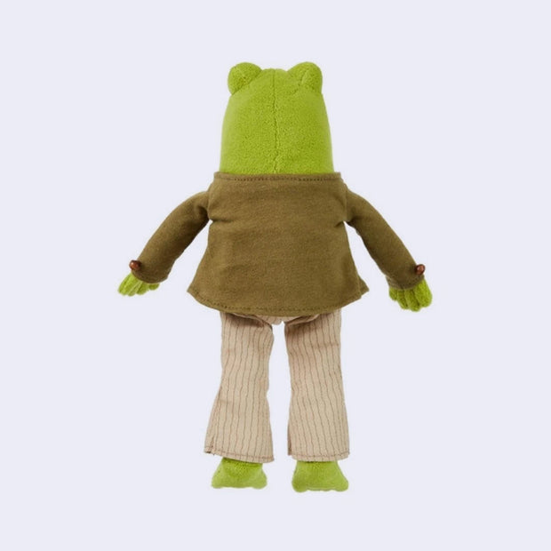 Plush doll of Frog from Frog and Toad, wearing detailed clothing such as a jacket with bead buttons, striped pants and a pleather belt. 
