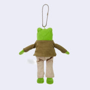 Plush toy frog character with a green jacket and brown outfit on a white background