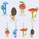 4 different designs of frog figures and mushrooms, paired together. Each design is available either as a stand alone figure or as a keychain.