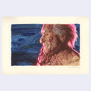 Artistic depiction of a deformed person with a blue background