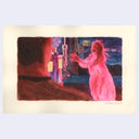 Artistic depiction of a figure in a pink dress pointing towards a machine in a dark setting.