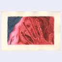 Painting of a horror movie still with a woman screaming while long, deformed wet fingers are over her face.