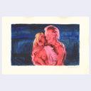 Painting from a horror movie still of a topless woman being attacked by a monster man.