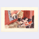 Painting of a woman in lingerie sitting atop of a shirtless man, who lies down on a cot.