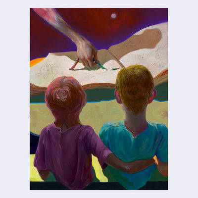 Highly rendered oil painting with deep reddish purples and greenish blues. A slight overhead view shows the back of 2 boys in t-shirts sitting next to one another, one with the arm around the other. They look off to a large open sketchbook, where an arm draws with a pencil.