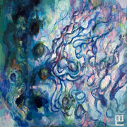 Abstract painting with pink, blue, white and greens. Left side of the piece features darker area with circular balls and the right side features lighter coloring with waves akin to very abstract water.