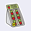 Die cut sticker of fruit filled sandwich cut in half, making 2 piece of a triangle packaged nicely in plastic wrapping, with their centers facing out. The top of the package reads "Fruits Sando / Giant Robot"