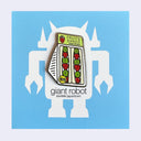 Die cut enamel pin of fruit filled sandwich cut in half, making 2 piece of a triangle packaged nicely in plastic wrapping, with their centers facing out. The top of the package reads "Fruits Sando / Giant Robot"