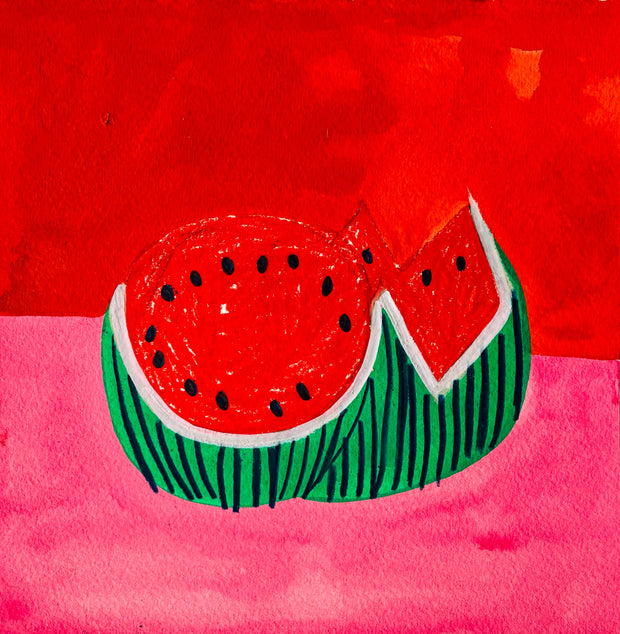 Painting of a red watermelon on a pink table with red wall.