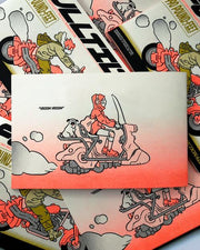 Illustrated card with a person on a scooter and dog, surrounded by similar illustrations.