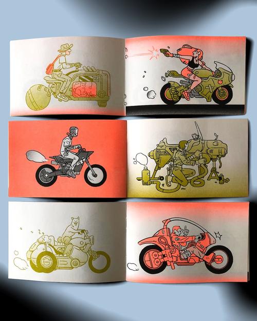 Set of six illustrated cards featuring people on motorcycles with different backgrounds.