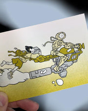 Cartoon illustration of a robot and a person on a card held by a hand.