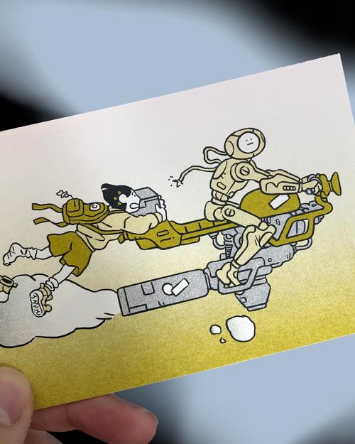 Cartoon illustration of a robot and a person on a card held by a hand.