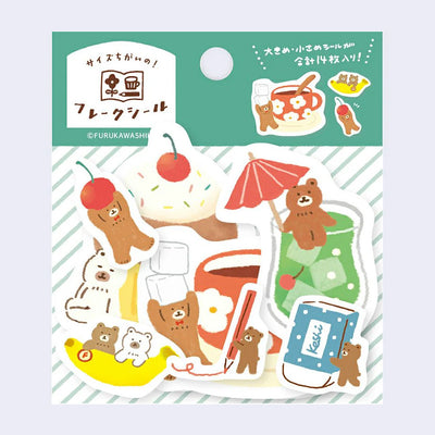 Pack of decorative stickers with cartoon bears and ice cream on a green background