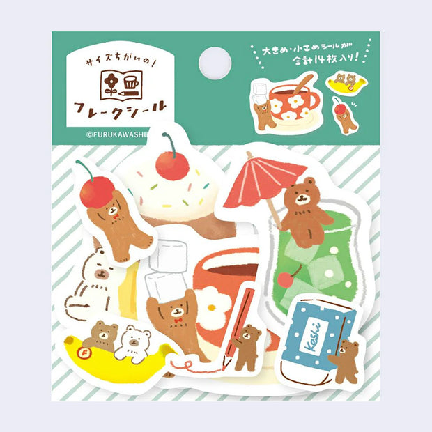 Pack of decorative stickers with cartoon bears and ice cream on a green background