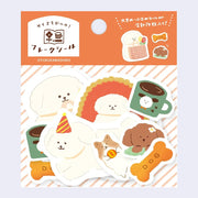 Pack of stickers with cute dogs and cafe themed stickers.