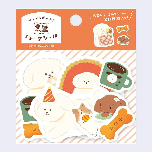Pack of stickers with cute dogs and cafe themed stickers.