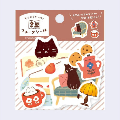 Sticker sheet with cute illustrations of cats, teapots, and cookies on a brown background.