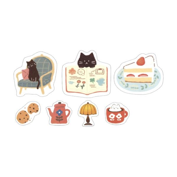 Set of cute illustrated stickers featuring a cat, cookies, teapot, and more on a white background.