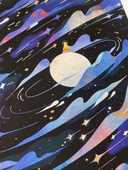 Full bleed illustration of a small orange character, standing atop of a white moon in a galactic setting. Blue and purple clouds circle and stretch around the scene, with shooting stars and gold color accents. Shown at an angle.