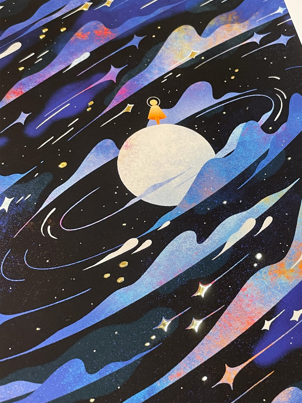 Full bleed illustration of a small orange character, standing atop of a white moon in a galactic setting. Blue and purple clouds circle and stretch around the scene, with shooting stars and gold color accents. Shown at an angle.