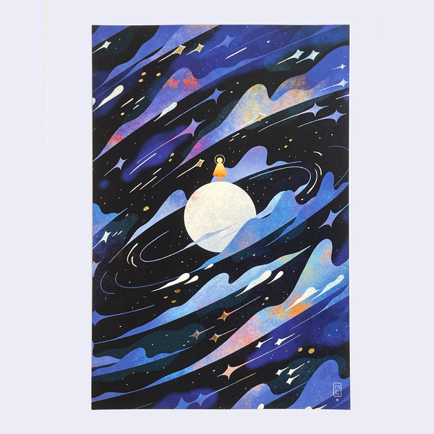 Full bleed illustration of a small orange character, standing atop of a white moon in a galactic setting. Blue and purple clouds circle and stretch around the scene, with shooting stars and gold color accents.