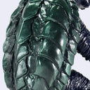 Close-up of a glossy dark green turtle shell with textured, scaly patterns and a dark navy body visible on the right side, set against a plain light gray background.