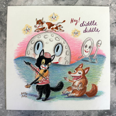 Cartoon illustration of the Mother Goose nursery rhyme "Hey Diddle Diddle" with a black cat playing a fiddle to a wolf. Behind is a large moon with a cat jumping over it and a spoon and a dish running.
