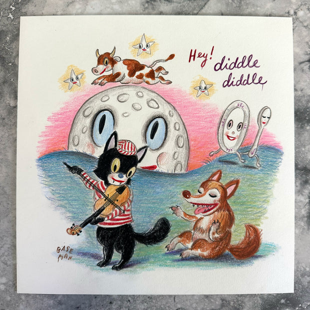 Cartoon illustration of the Mother Goose nursery rhyme "Hey Diddle Diddle" with a black cat playing a fiddle to a wolf. Behind is a large moon with a cat jumping over it and a spoon and a dish running.