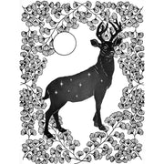 Black paper cutting art. A stag stands tall, with tiny stars on its body, around many intricately cut flowers and a floating circle.