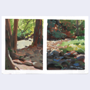 A two-panel watercolor landscape art print depicting forest paths and trees, presented on a white sheet against a light gray background.