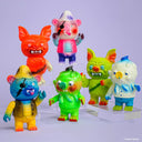 6 soft vinyl monster-like figures that are brightly colored. Characters include a bat, a bear and an octopus.