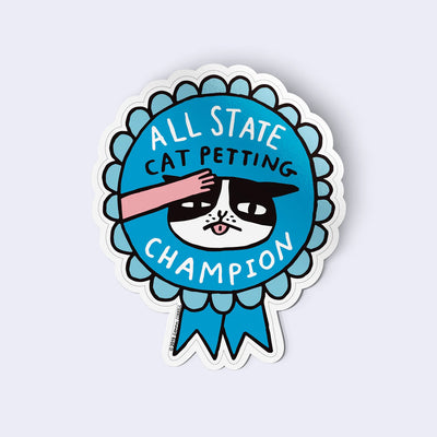 Sticker of a blue award barge with an illustration of a hand petting a black & white cat and text 'All State Cat Petting Champion'