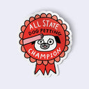 Sticker with 'All State Dog Petting Champion' text and a cartoon dog design on a light gray background.