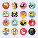Collection of colorful dog-themed buttons with various sayings on a light gray background.