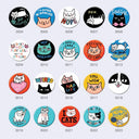 Collection of cat-themed buttons with various designs and text on a light gray background.